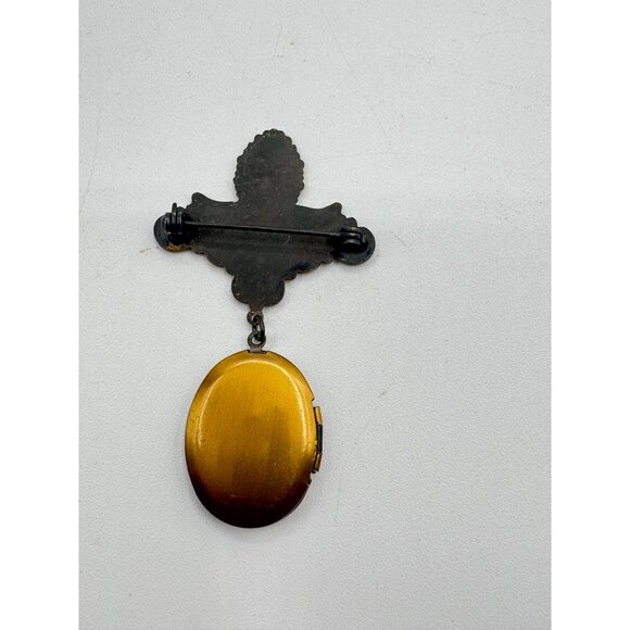 Romantic Vintage Locket Brooch Antiqued Gold Tone Floral Etched Oval Locket-Keep - Picture 4 of 6